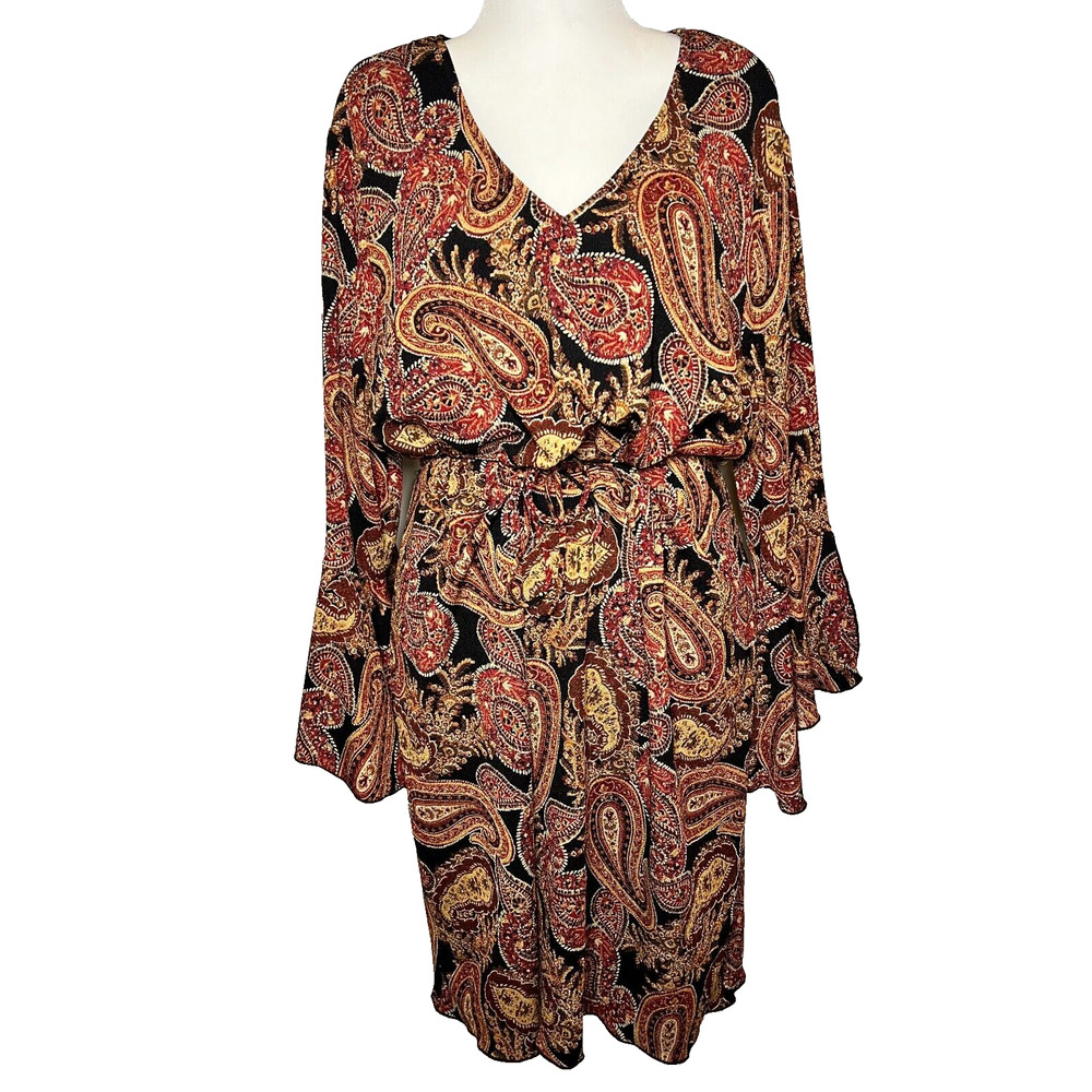 White Stag Women Dress Vtg Midi Paisley Stretch Bell Slv Flare Boho Gypsy‎ 22W